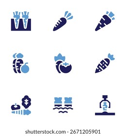 Carrot icon set. Bold style. Duotone colors. carrot, harvest, vegetables, spacing, irrigation, watering.