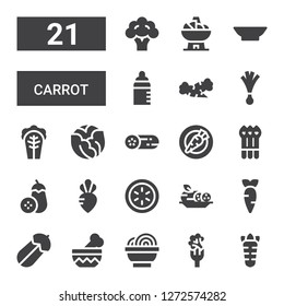 carrot icon set. Collection of 21 filled carrot icons included Carrot, Broccoli, Bowl, Courgette, Cucumber, Turnip, Aubergine, Asparagus, Cabbage, Leek, Feeder