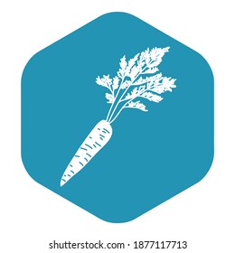 Carrot icon. silhouette of a white carrot against a blue hexagon. Vector illustration isolated on white background for design and web.