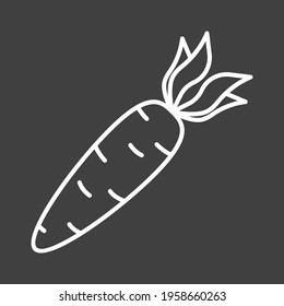 Carrot icon. A simple image of a carrot fruit in a linear style. White drawing on a black background. Isolated vector on clean surface.