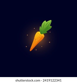 Carrot icon or symbol with glow effect for farm game assets and fruit puzzle cards, realistic cartoon style vector illustration isolated on dark background.
