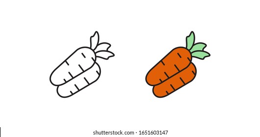 Carrot icon in the vector. Vegetable symbol on an isolated white background. Vector illustration in flat style.