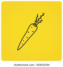 Carrot icon. Vegetarian food sign. Natural vegetable symbol. Linear icon on orange background. Vector