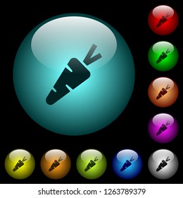 Carrot icons in color illuminated spherical glass buttons on black background. Can be used to black or dark templates