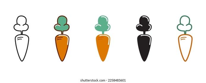 Carrot icons set. Five different variations of outline and solid color.