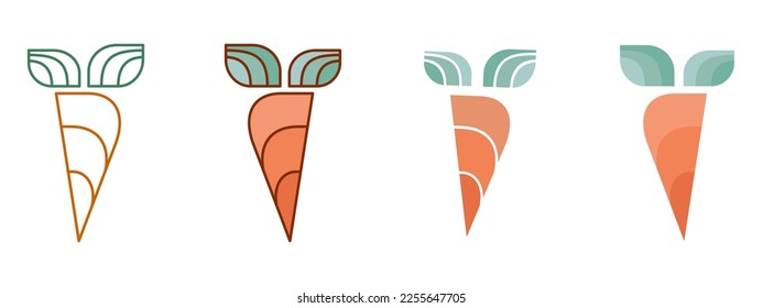 Carrot icons set. Four different variations of outline and solid color.