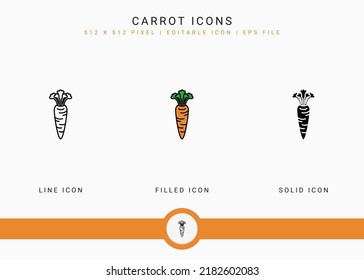 Carrot icons set vector illustration with solid icon line style. Vegetable healthy concept. Editable stroke icon on isolated background for web design, user interface, and mobile application