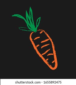 Carrot illustration with chalk effect. Carrot icon on black background, chalkboard.