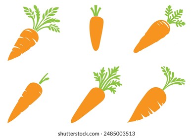 Karotten Illustration Vektorgrafik Icon Set mit Blättern in verschiedenen Formen auf einem weißen Hintergrund.