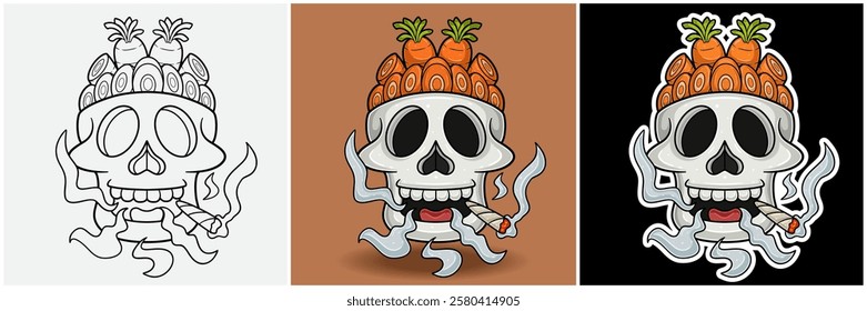 Carrot Inside Skull Head With Smoking Character Cartoon. Black White, Colorful and Sticker Style. For T shirt print, Brand Logo, Label and Mascot product. Vectors Illustrations