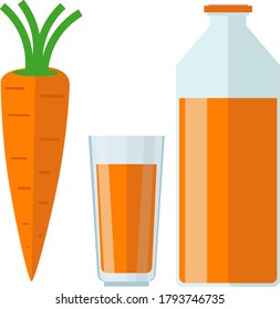 Carrot juice in a bottle and glass. Vector illustration with a carrot and a drink on a white background.