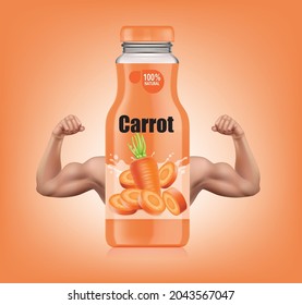 Carrot juice bottle have arms showing strong muscles.illustration vector