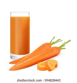 Carrot juice and fresh carrot isolated on white background, vector illustration.