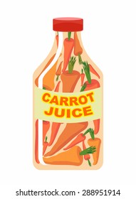 Carrot juice from fresh vegetables. Carrots in a transparent bottle. Vitamin drink for healthy eating. Vector illustration.