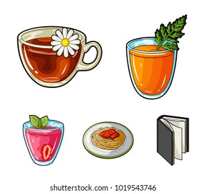 Carrot juice in a glass, chamomile tea in a cup, porridge on a plate, strawberry juice in a glass with a leaf. Vegetarian dishes set collection icons in cartoon style vector symbol stock illustration