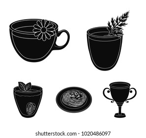 Carrot juice in a glass, chamomile tea in a cup, porridge on a plate, strawberry juice in a glass with a leaf. Vegetarian dishes set collection icons in black style vector symbol stock illustration