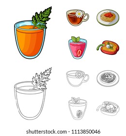 Carrot juice in a glass, chamomile tea in a cup, porridge on a plate, strawberry juice in a glass with a leaf. Vegetarian dishes set collection icons in cartoon,outline style vector symbol stock
