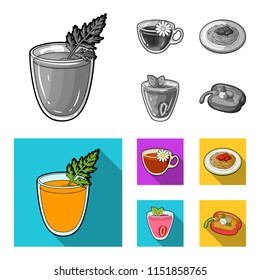 Carrot juice in a glass, chamomile tea in a cup, porridge on a plate, strawberry juice in a glass with a leaf. Vegetarian dishes set collection icons in monochrome,flat style vector symbol stock