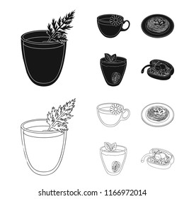 Carrot juice in a glass, chamomile tea in a cup, porridge on a plate, strawberry juice in a glass with a leaf. Vegetarian dishes set collection icons in black,outline style vector symbol stock