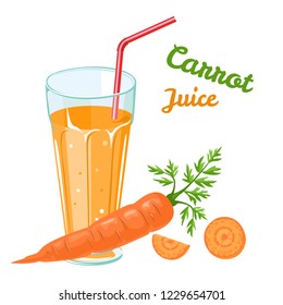 Carrot juice in glass isolated on white background. Vector illustration of fresh vitamin drink in cartoon simple flat style.