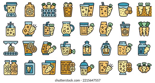 Carrot juice icons set outline vector. Autumn beverages. Blend detox color flat isolated