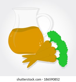 Carrot juice. Jar with juice and three carrots on the side.