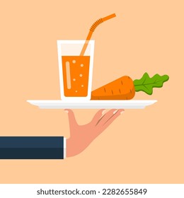 Carrot juice on the waiter's tray. Tray in hand with glass and straw. Cocktail smoothie. Template for menu or banner, healthy eating. Fresh energetic drink for healthy life. Vector flat design. 