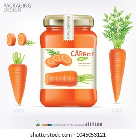 Carrot juice realistic glass bottle with label. Healthy organic product, natural vegan nutrition vector packaging mockup. Layout of food identity branding, packaging design for fresh vegetable juice