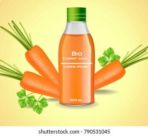 Carrot juice realistic Vector package. Product package label bottle and carrots