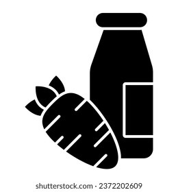 Icono sólido de jugo de zanahoria. Botella de vidrio y pictograma de estilo glifo de zanahoria ecológica sobre fondo blanco. Señales bioalimentarias para niños para concepto móvil y diseño web. Gráficos vectoriales
