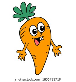 carrot with a laughing cartoon face. vector illustration of cartoon doodle sticker draw