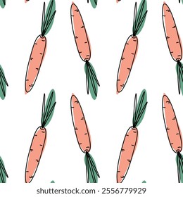 Carrot with leaves filled abstract spots in orange and green Seamless Pattern. Vegetables fond idea