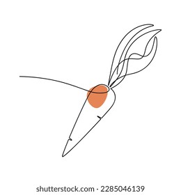 Carrot with leaves vector. Line continuous hand drawn illustration. Vegetable outline icon. Garden plant. Minimal linear silhouette. Minimal design, print, banner, card, brochure, logo, menu.