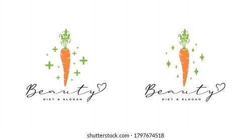 Vector de logotipo de zanahoria para programas alimentarios dietéticos saludables. Icono para vendedor, abastecedor, agricultor, centro de mercado de la ilustración de diseño de agricultura vegana. Aplicar al sitio web, página de medios sociales, etiqueta adhesiva, marca de aplicación de interfaz de usuario