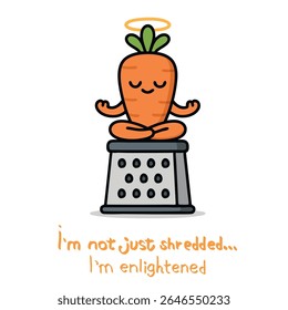 Carrot in lotus pose with halo, meditating on a grater, on a white background in flat design style.