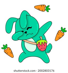 Carrot loving bunny is excited for spring, vector illustration art. doodle icon image kawaii.