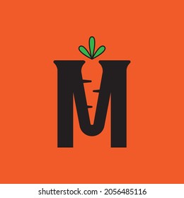 Diseño del logotipo de la letra M de restricción.  La combinación de la letra M y las zanahorias en un fondo naranja