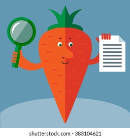 Carrot  with magnifier glass and document searching. Flat style vector illustration . Funny cartoon character