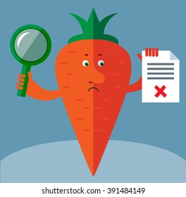 Carrot  with magnifier glass holding checklist with X sign. Unsuccessful searching. Flat style vector illustration . Funny cartoon character
