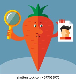 Carrot  with magnifier glass and person photo. Searching. Flat style vector illustration . Funny cartoon character