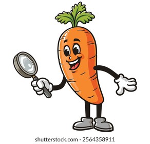 Carrot with magnifying glass,  Cartoon Character Mascot Illustration Vector Clip-art Hand-drawn Logo Design