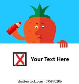Carrot  making red X check mark in check box. Voting. Bad Choice. Rejection. Flat style vector illustration . Funny cartoon character