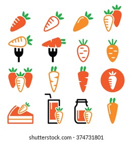 Carrot, carrot meals - cake, juice vector icons set 