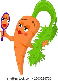 
carrot with a mirror in his hand. vector and illustration