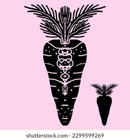 Carrot. Modern texture illustration in linocut style, symmetrical, with cut out ornament, and also just a grunge style silhouette. Black silhouette hand drawing. Element for design