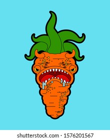 Carrot monster GMO. Angry Orange Vegetable with teeth. Hungry Alien Food vector illustration
