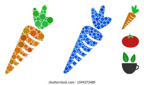 Carrot mosaic of circle elements in different sizes and color hues, based on carrot icon. Vector round dots are combined into blue mosaic. Dotted carrot icon in usual and blue versions.