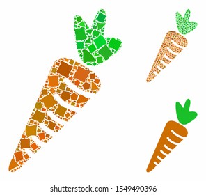 Carrot mosaic of rugged pieces in various sizes and color tones, based on carrot icon. Vector inequal pieces are united into mosaic. Carrot icons collage with dotted pattern.