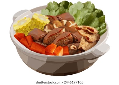 Carrot, mutton, corn, mushrooms and vegetables hot pot cuisine illustration 