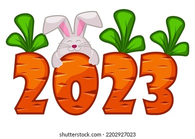 Carrot number 2023 and rabbit. Happy New Year 2023, Greeting card template